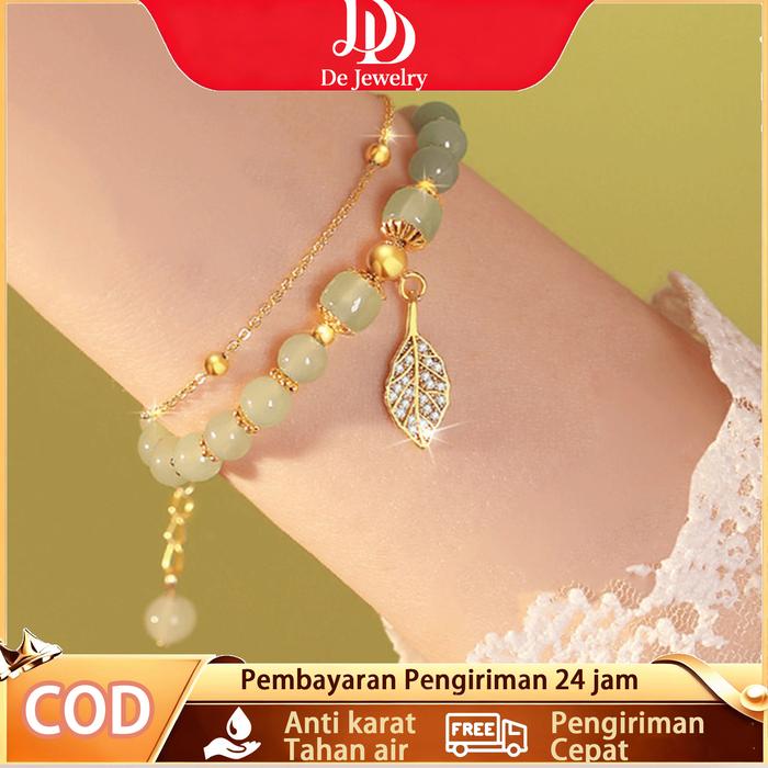 Terlaris Gelang Batu Giok Model Daun Elegan Gaya Susun Pakai Tampilan Menarik Viral gelang anti kara