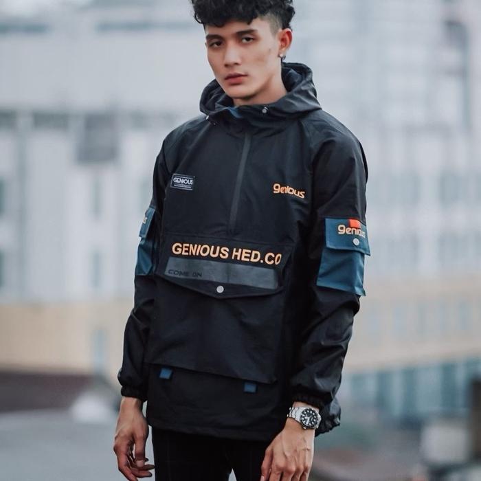 GNUS JacketCagole Zipper Waterproof Distro Genious  Skul Jaket Motif Sablon Pria Parasut Hitam Tengk