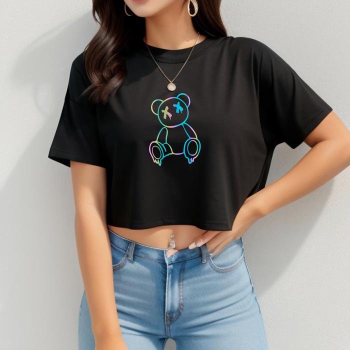 CHERON - Kaos Crop Top Wanita Pakaian Atasan Cewek Wanita Tshirt Lengan Pendek Warna Putih Hitam Mer