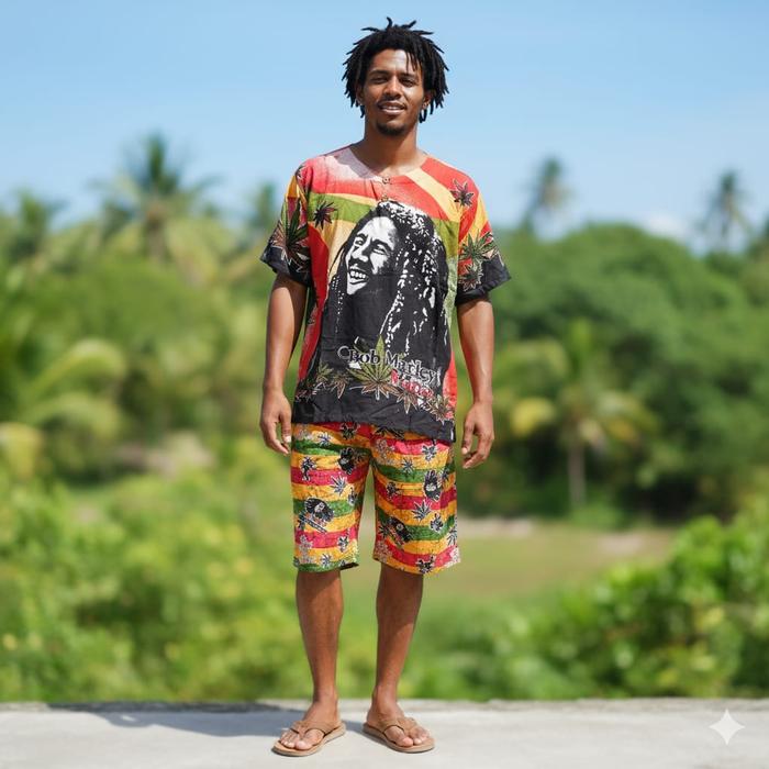 Stelan Baju dan celana Pendek Motif Bob Marley Stela Bob Marley