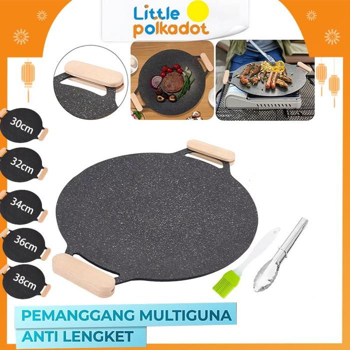 【Littlepolkadot】Promotion Wooden Handle Alat Panggangan BBQ Grill Pan Set Korean Wajan Bulat Anti L