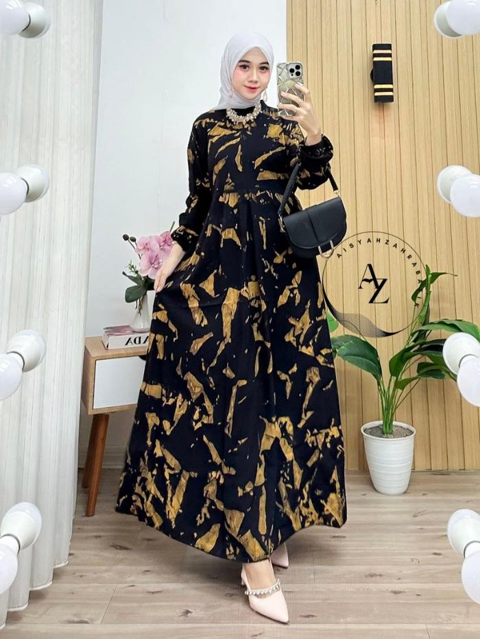 Gamis twill rayon ori premium Motif Remekan Kuning Cerah Muslim Wanita Dress Remaja Dewasa Lebaran P