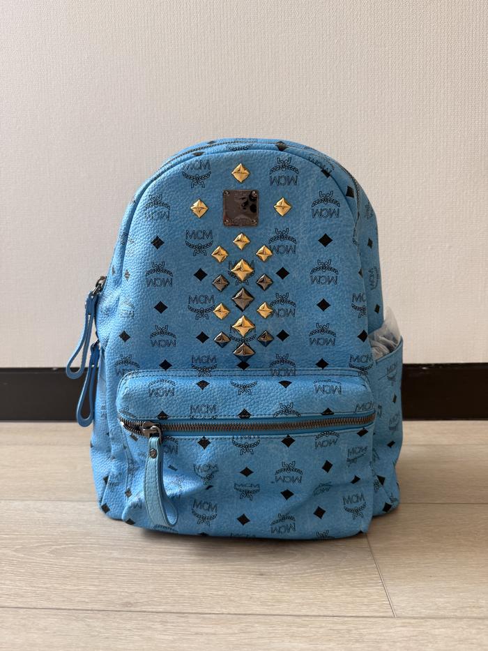 MCM Stark Medium Studded Backpack Blue Visetos Authentic MMK3SVE12