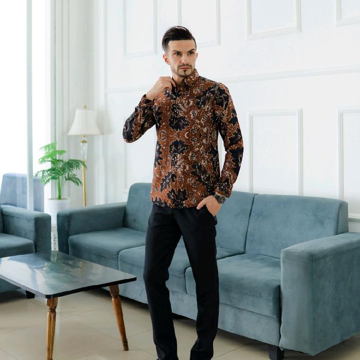COKLAT kemeja Batik Solo Sukses Pria Lengan panjang pendek lapis Furing bahan Katun Premium