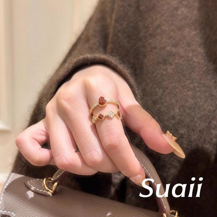 [Suaii] Cincin Buka Labu Bunga Empat Daun Cat Minyak Merah Serbaguna Wanita B215