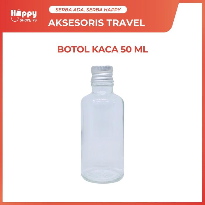 Botol Kaca 50ml Bening Tutup Alumunium Silver Untuk Skincare Parfum Minyak Esensial