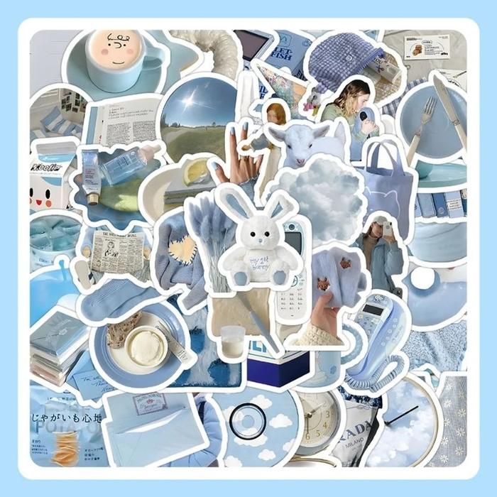 60pcs Sticker Kawaii Blue Aesthetic Wateproof Stiker Vinyl Laptop Botol Minum HP