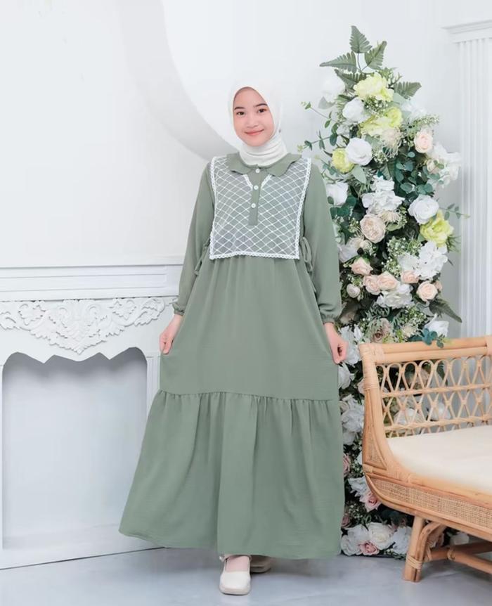 CUCI GUDANG Baju Gamis Set Rompi Brukat Anak Umur 6-7 9-11 12-14 Tahun Garis Leher Round Neck Desain