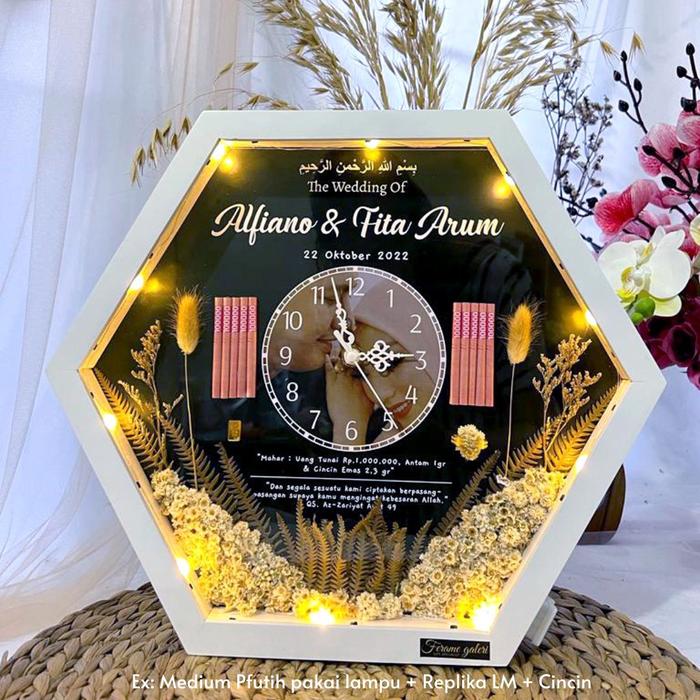 Ajijam17 - Mahar Pernikahan Rustic - Mahar Nikah Bingkai Hexagonal Multifungsi jam dinding aestethic