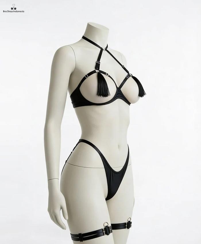 Lingerie Bra Set Strappy Open Cup Tassel