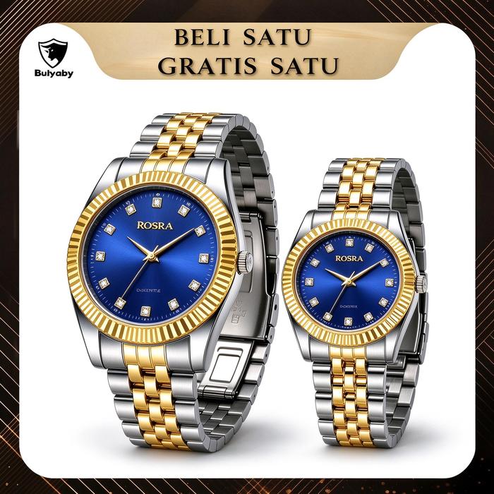 Beli 1 Dapat 2 Jam Tangan Couple Biru Dial Mewah, Jam Pria & Wanita Rantai Stainless Steel Two Tone 