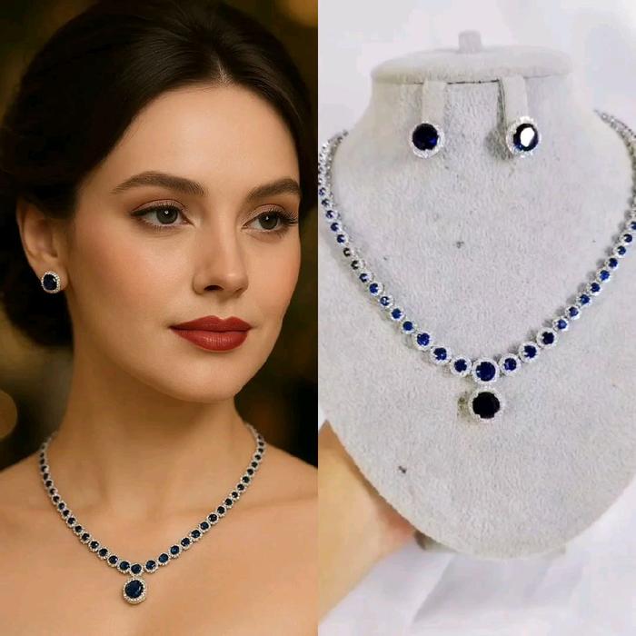 Xuping88 Set Kalung dan Anting Bridal Wedding FULL MATA BIRU LADY DIANA bronze imitasi SP6 Perhiasan
