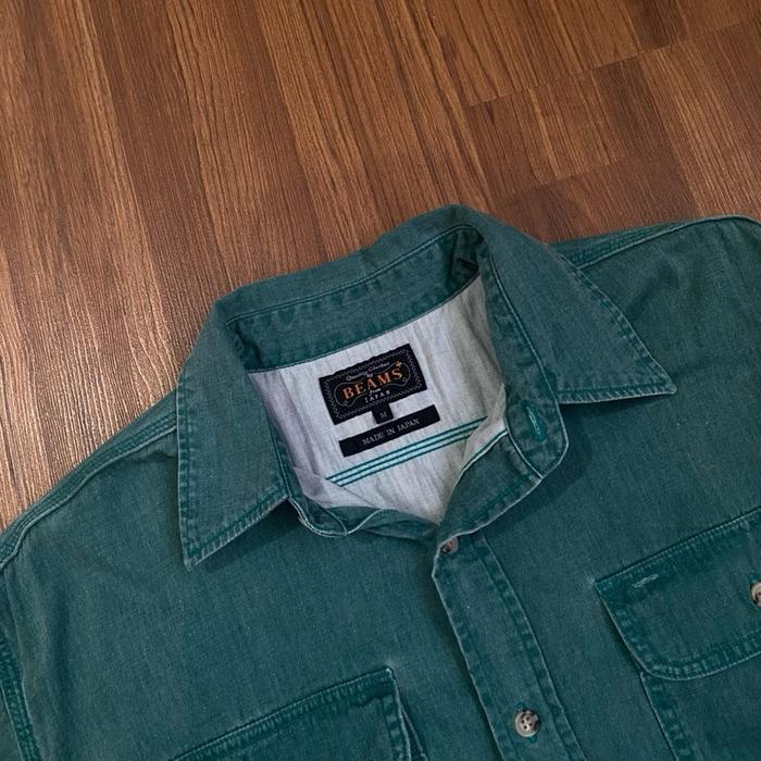 Beams plus Work Light Denim Pigment Coating Shirt Green