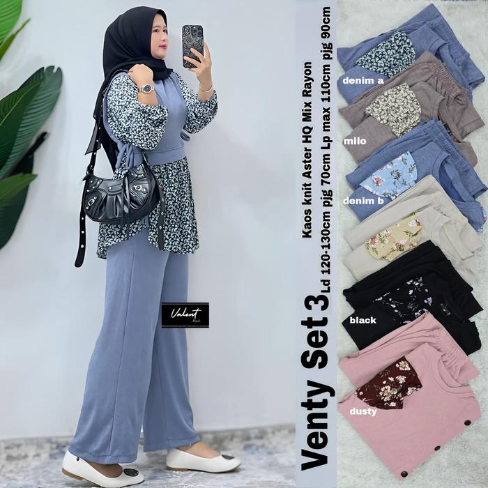 Setelan Jumbo Wanita Ld 120 Ld 130 Venty Setcel Bahan Kaos Knit Aster mix Rayon Premium Motif Bunga