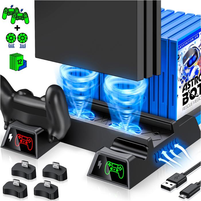 For PS4/PS4 Slim/PS4 Pro Vertical Stand Cooling Fan Dual Controller