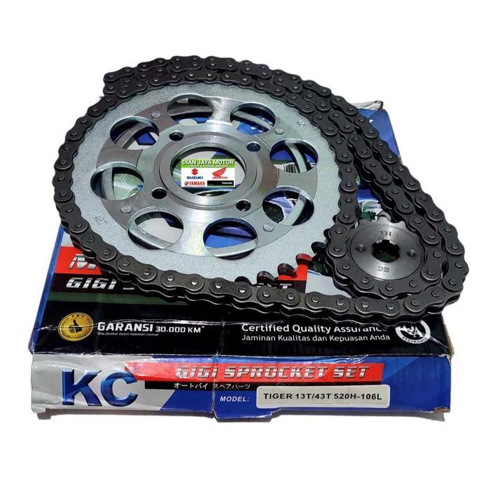 KC GEARSET GEAR PAKET GIRSET TIGER TIGER NEW TIGER REVO RANTAI HITAM KC 13T 43T 520H 106L GIR DEPAN 