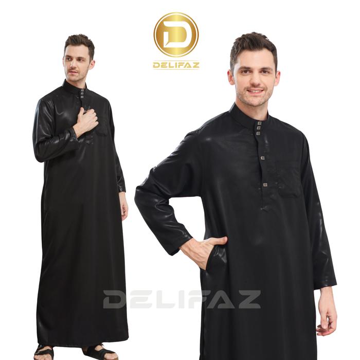 DELIFAZ Gamis Thobe Dubai Lengan Panjang Polos Kain Katun Poliyester Premium Anti Gerah Jubah Pria M