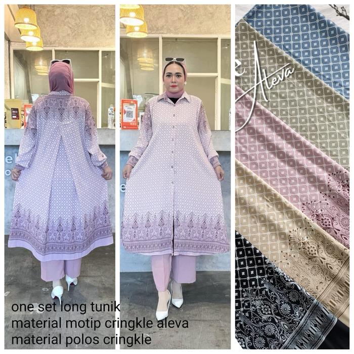 Onset long tunik material motif kringkle Aleva material celana kringkel
