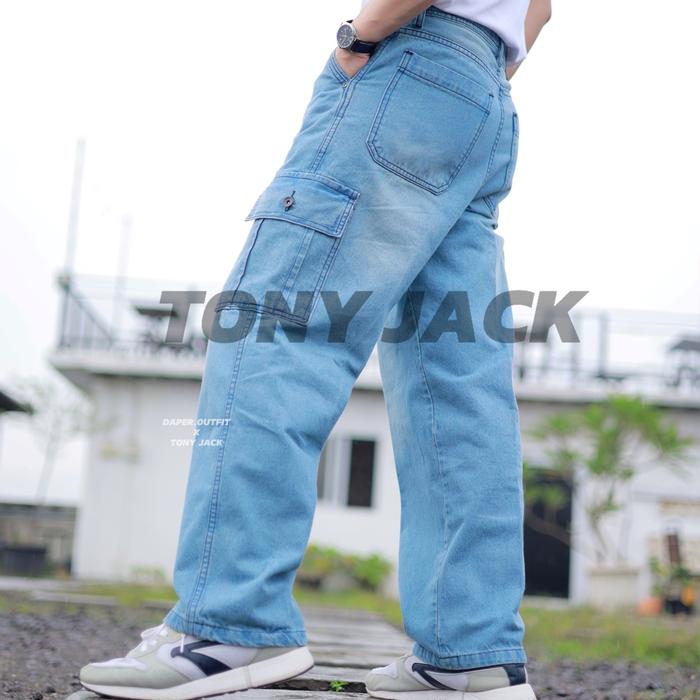 Tony Jack Cargo Pants District Blue - Celana Cargo Loose Jeans Pria Baggy Fit