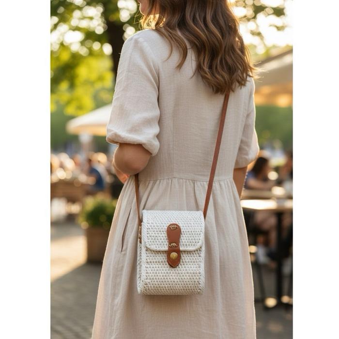 Tas Selempang Mini Rajut Putih Tali Kulit Crossbody Bag Wanita - Tas Liburan Ke Pantai
