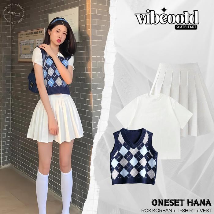 Hana Outfit Set Wanita Korea ( Rok Korean Katun Pendek mini + Atasan T-Shirt Polos + Vest Motif Kota