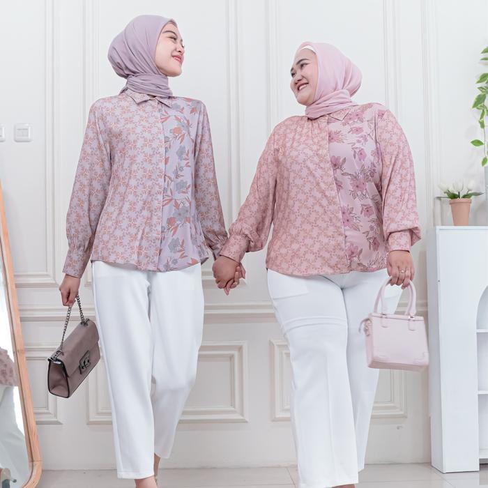 Mouva - Foyu Blouse Kemeja Motif Wanita Kasual Lengan Panjang