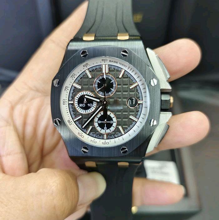 Jam Tangan Pria AP IAudemars Piquet Royal Oak OS Novelty Chrono Inspired Grey Waffle Dial 42mm Black