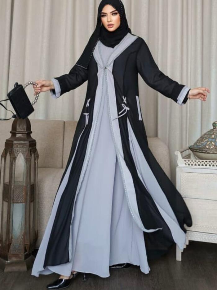 Zeline Set Almeyra Premium Abaya Outer Elegan & Modis: Gamis Syar'i Hitam Abu Muslimah Outfit Nyaman