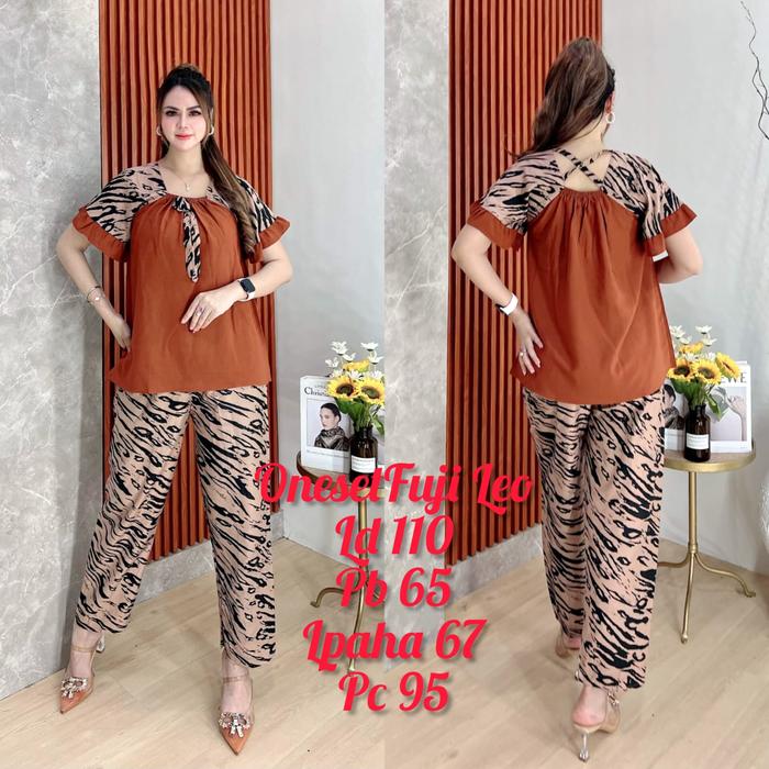 ONESET SETELAN FUJI MOTIF LEOPART KOMBINASI POLOS/GARIS GELOMBANG RAYON PREMIUM BUSUI Celana Wanita 