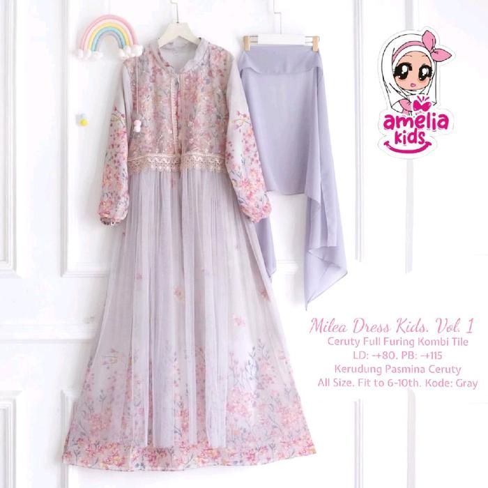 { Dress Anak 3th-9th } Milea Dress Set Kids Ceruty Full Furing Kombi Tile By Amelia Kids ( free jilb