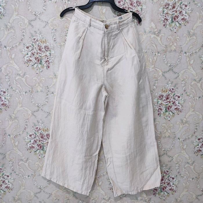 CELANA KULOT LINEN GU BERFURING WARNA CREAM IVORY