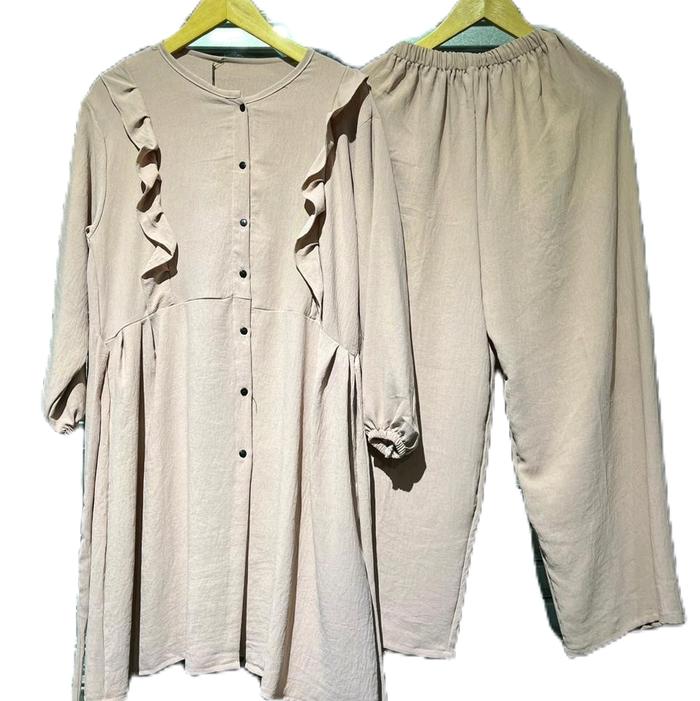 SETELAN LONG TUNIK VANYA JUMBO MATERIAL CRINCKEL AIR FLOW WARNA KALEM | SETELAN CELANA DAN LONG TUNI