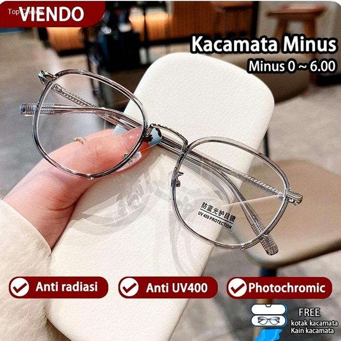 Viendo Kacamata Minus Photocromic Wanita Pria Cowok Korea Fashion Anti Radiasi Blueray Oval Besi Fra
