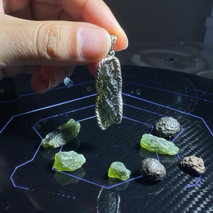 Crysjade Liontin Moldavite β Batu Energi Kosmik Langka dengan Tekstur Natural & Warna Hijau Transpar