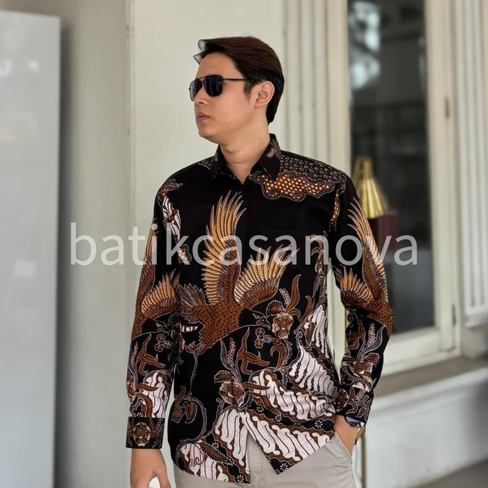 Batik Casanova Kemeja Batik Kantor Pria Keren Motif Lereng Garuda Warna Hitam
