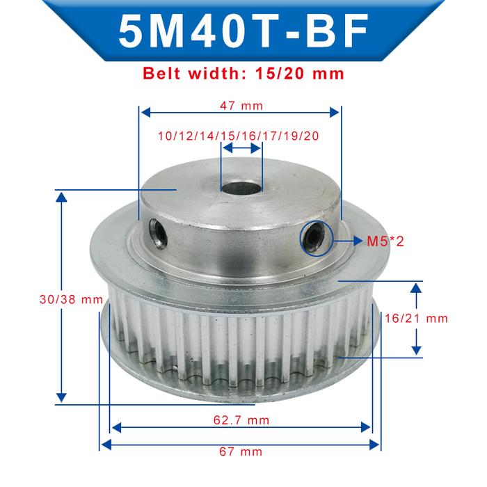 5M-40T Pulley Inner Bore 10/12/14/15/16/17/19/20 mm Aluminum pulley