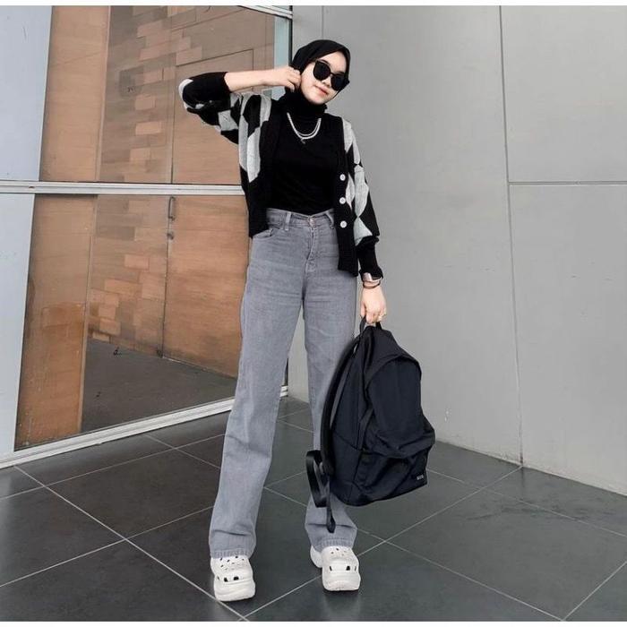 Byrunol - Celana Jeans Wanita Baggy Pants Korean Style Oversize Loose Blue Jeans Straight Kulot Boyf