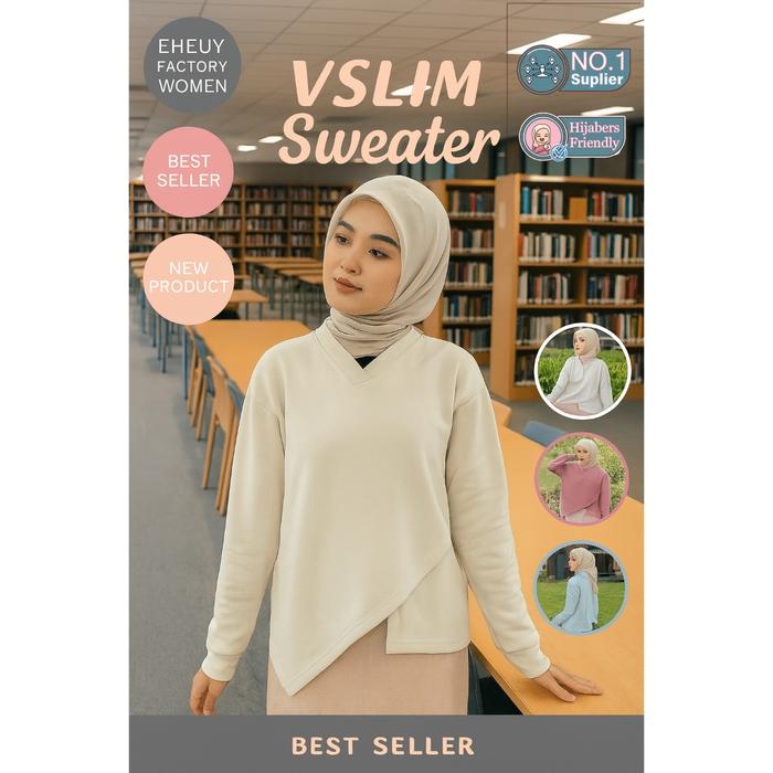 Top [Eheuy Factory] Vslim Sweater Wanita – Basic Vneck Crop Fleece Tebal 280-320Gsm | Korean Style |