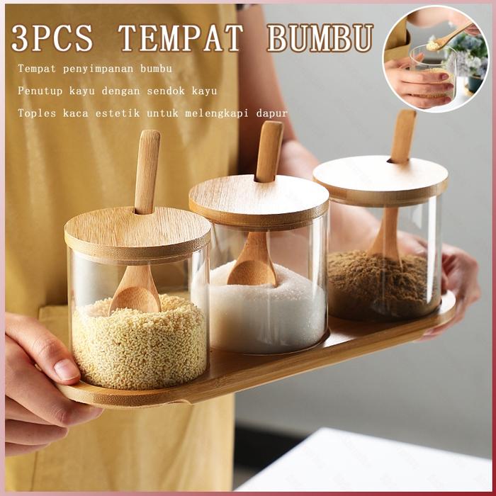 Toples bumbu kaca kayu Rak bumbu sendok kayu tempat penyimpanan bumbu