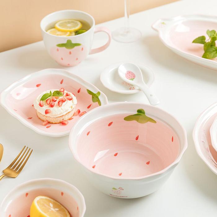 Kawaii Strawberry Bowl Ceramic Bowl Plate Bowl Set Cute Bowl Girl