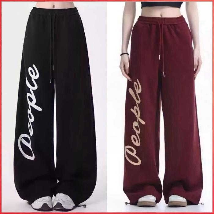 Pariroo Celana Jogger Wanita Motif People Wide Leg Streetwear | Celana Kulot Training Korea Oversize