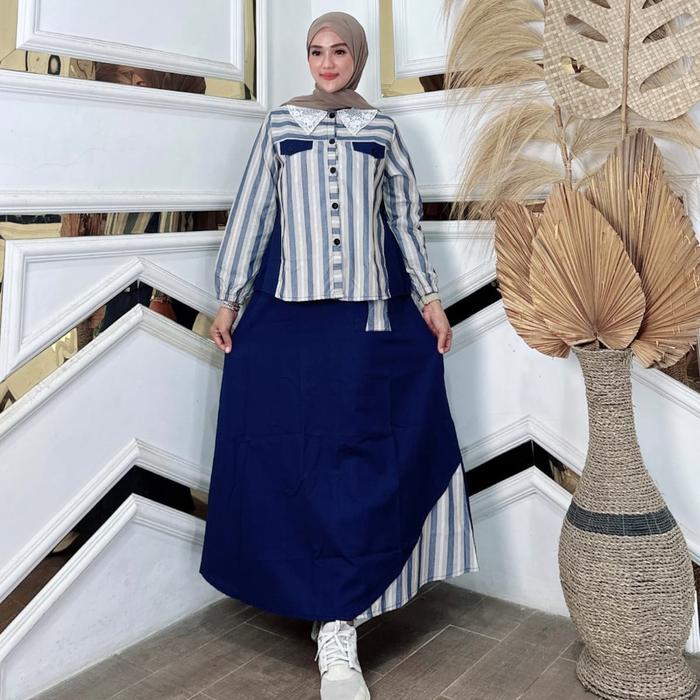AtarPedia Kagami One Set Katun Salur Fashion Muslim Wanita Kekinian