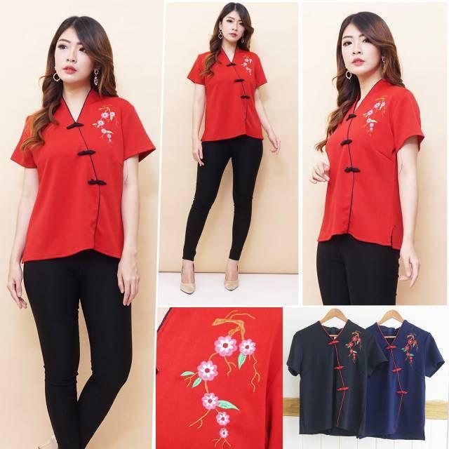 TERBARU IMLEK Atasan Cheongsam Lokal Motif Bunga Sakura