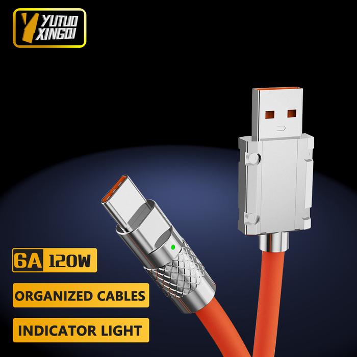 6A USB Type C 120W Fast Charging Cable Orange Blue Liquid Silica Gel Cable Zinc Alloy Joint For Xiao