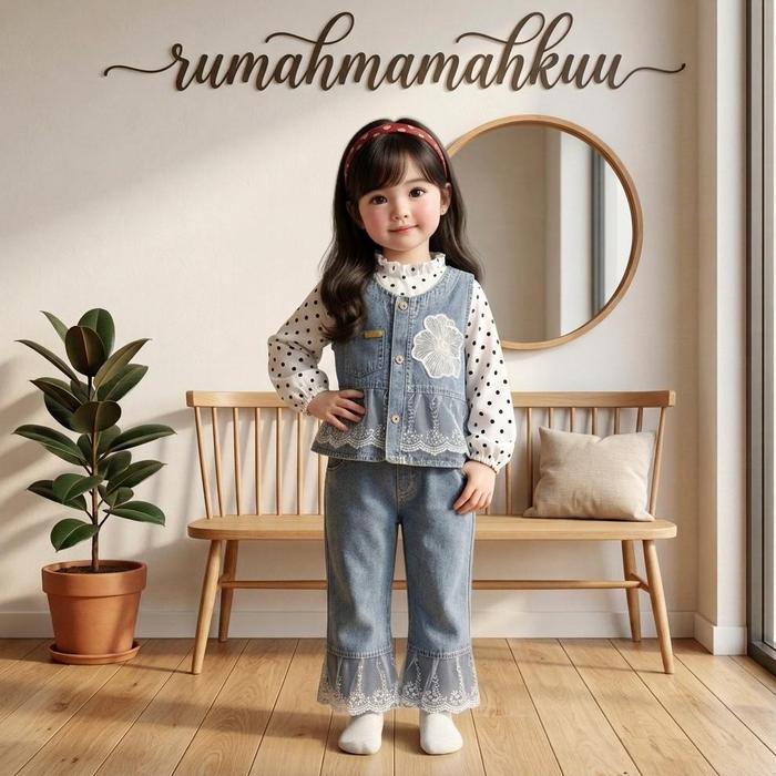 Setelan Baju Jeans Anak Perempuan HanaBalQueskids - Set Rompi Denim Bordir Bunga Renda & Celana Panj
