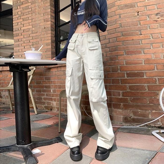 Celana Panjang HW Cargo Wanita Jeans Korean Style - Celana Jeans Cargo Wanita Premium Original Real
