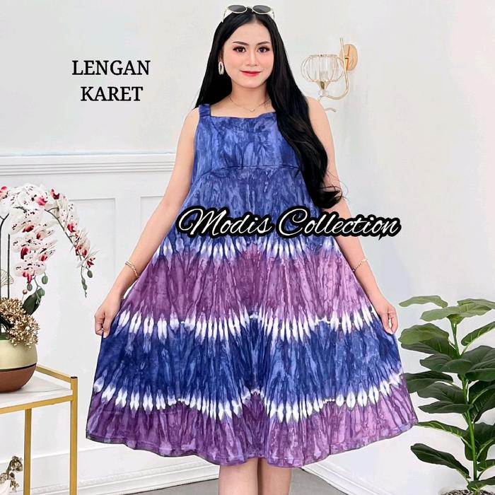 Daster Yukensi Lengan Karet Kutung Jumbo Bahan Kaos Panjang Dress Selutut Motif Tie Dye Baju Tidur W