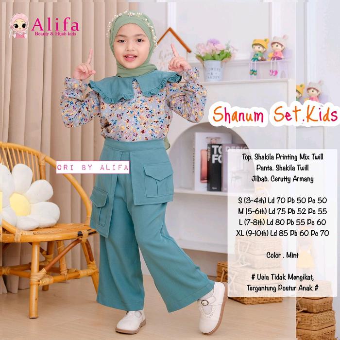 By Alifa Shanum Kids Free Hijab Setelanan Celana Panjang  Muslim Terlaris Baju lebaran 2024 One Set 