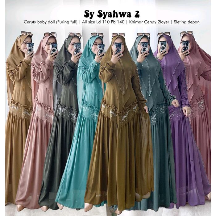 Syahwa 2 Syari Dengan Khimar Bahan Ceruty Baby Doll Gamis Muslim Syari Ibu Busui Dress Hijab Muslima