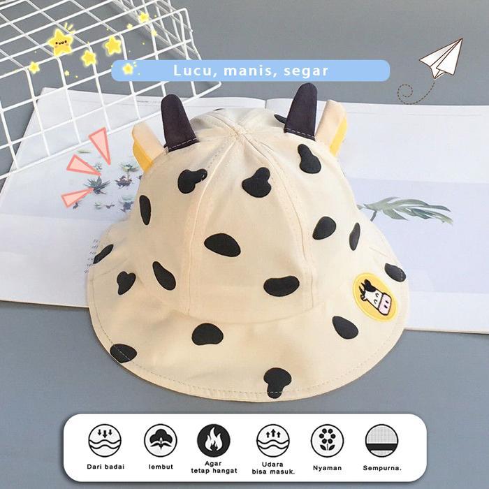 PREMIUM Topi Bucket Anak Balita Karakter Lucu Hewan Telinga Sapi Motif Polka Dot Dengan Tali Karet B